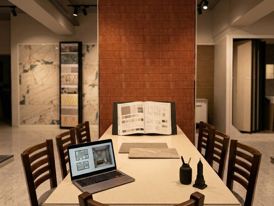 Studio consultation desk at HCS Home's 10,000 sq ft showroom in Ambala