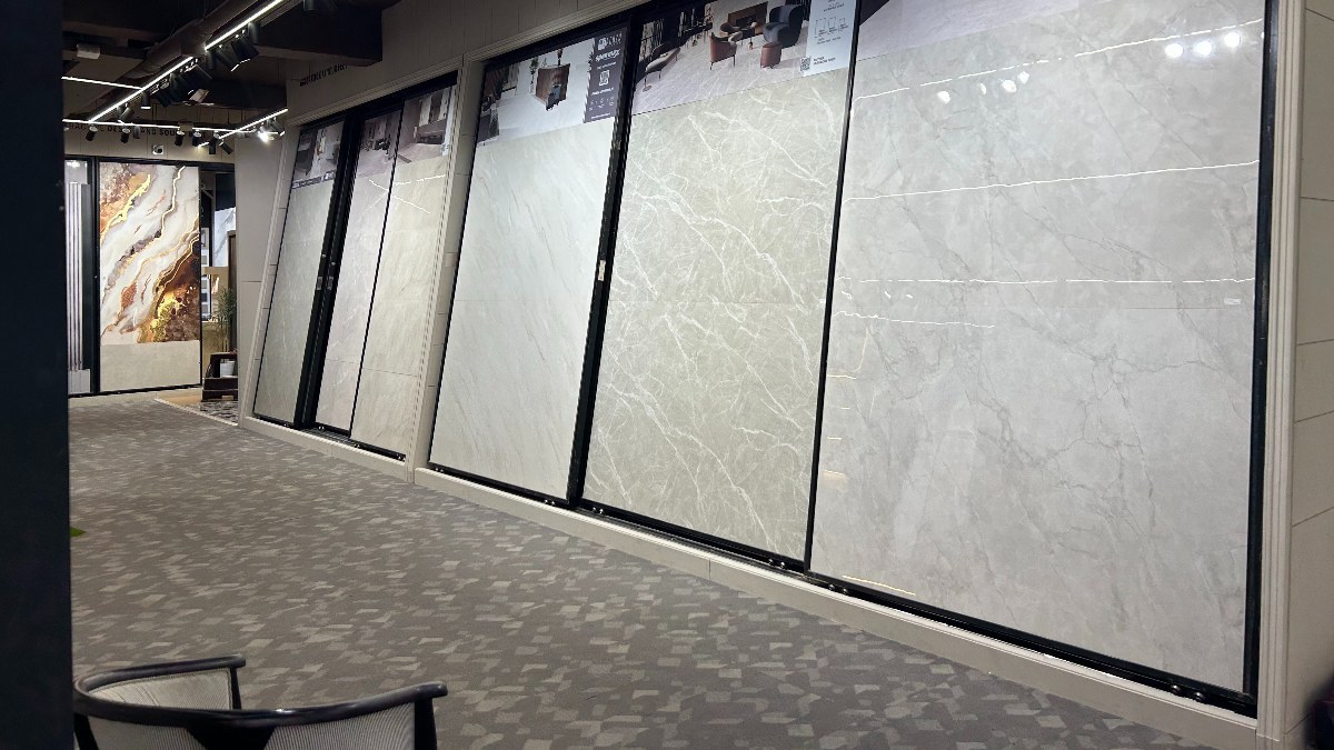 Marble-look slab display at HCS Home's showroom in Ambala