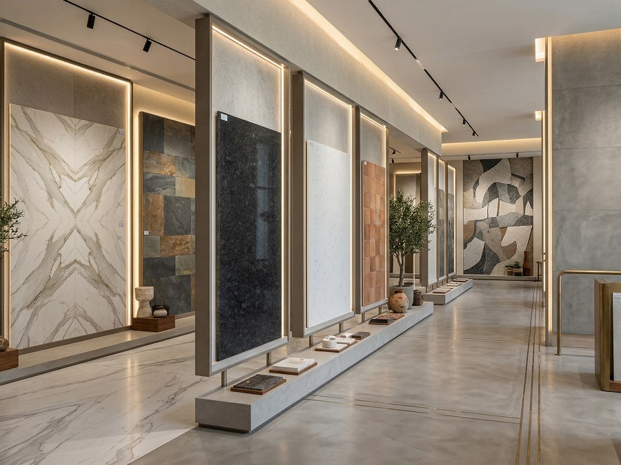 Large-format tile and slab display at HCS Home's 10,000 sq ft showroom in Ambala