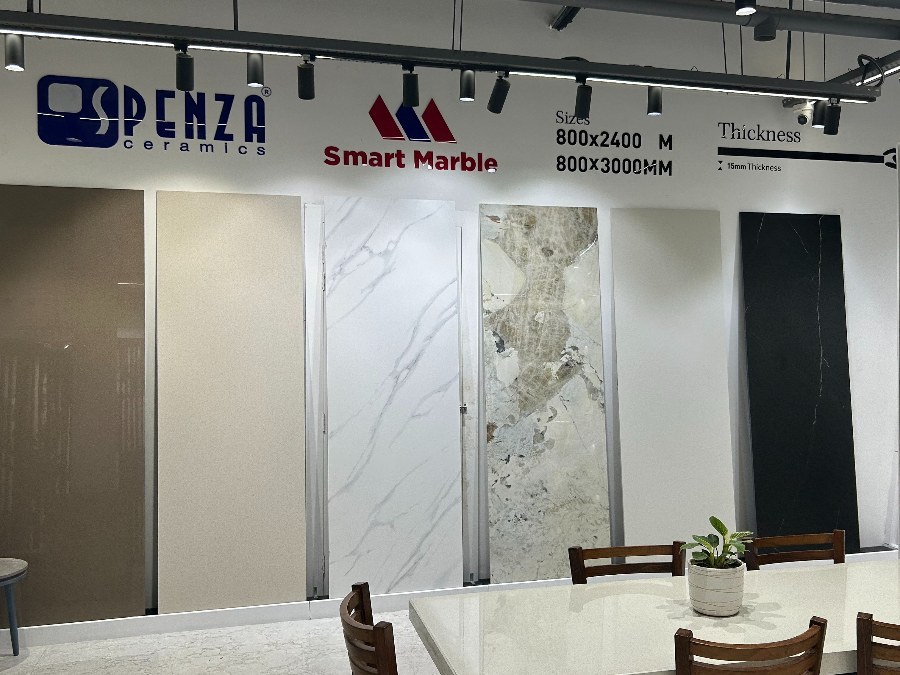 Stone-look and designer panel display at HCS Home's showroom in Ambala